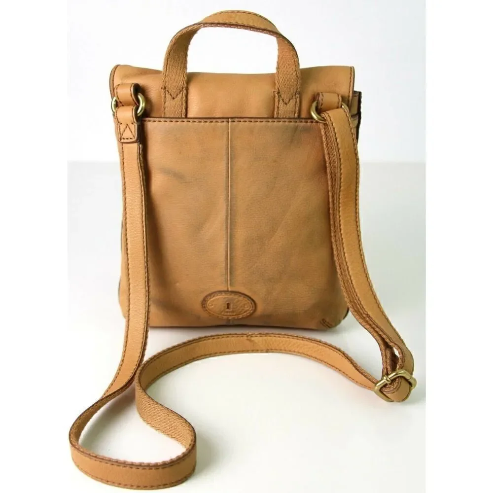 FOSSIL SOFT BEIGE TAN GENUINE LEATHER SMALL MESSENGER SHOULDER BAG HANDBAG PURSE